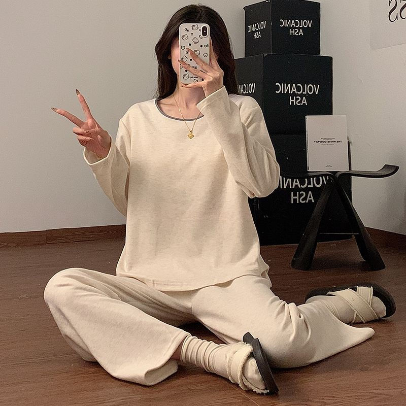 FDS เยอรมันกํามะหยี่กับแผ่นหน้าอกฤดูใบไม้ร่วงฤดูหนาวสบายๆรอบคอชุดนอนผู้หญิงสองด้านแขนยาวกางเกงสีทึบ 