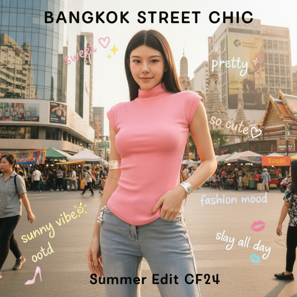 ꕥCatalog Fashionꕥ เสื้อแขนกุดคอสูง ผ้าร่องยืดเข้ารูป ชายโค้งมน สีพื้น 5 สี
