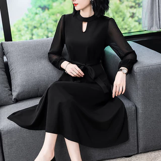 ชุดเดรสสไตล์ใหม่ฤดูใบไม้ผลิฤดูใบไม้ร่วงแขนยาวSlim-fit Slimmerดูสีดําอารมณ์Ladyแม่สไตล์ขนาดใหญ่ความงาม