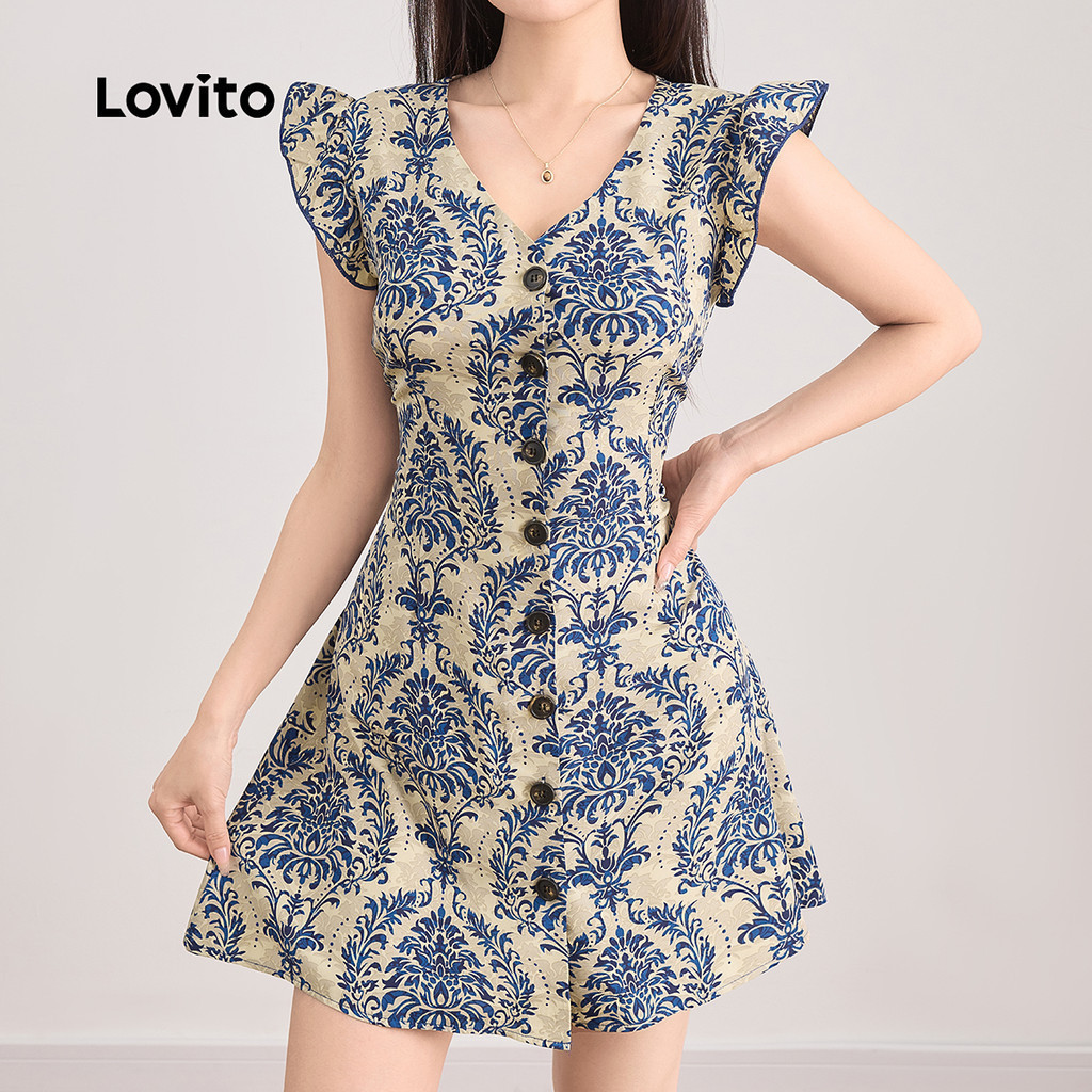 Lovito ชุดเดรสสไตล์รีสอร์ทลายทรอปิคอลสไตล์โบโฮสำหรับผู้หญิง L121MD468