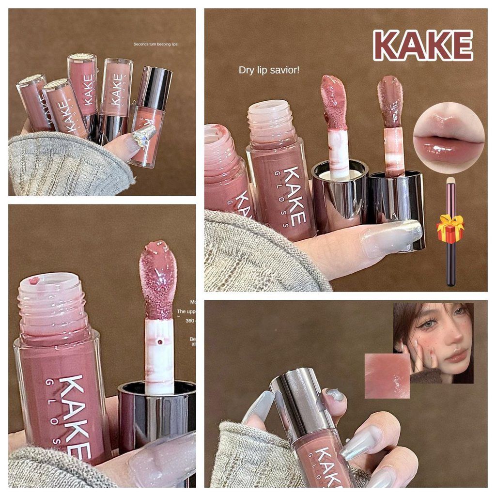 ฟรี ของขวัญKAKE ลิปกลอส Glass Crystal Jelly Lip Essence Oil Water Light ลิปสติกสีง่าย Lip Jelly Mois