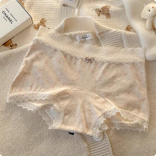 🧸M-2XL🧸กางเกงชั้นในผู้หญิง กางเกงชั้นในผ้าฝ้ายแท้ แต่งขอบลูกไม้ พิมพ์ลาย สไตล์น่ารัก เป้าผ้าฝ้ายแท้ สไตล์บาง สวมใส่สบาย