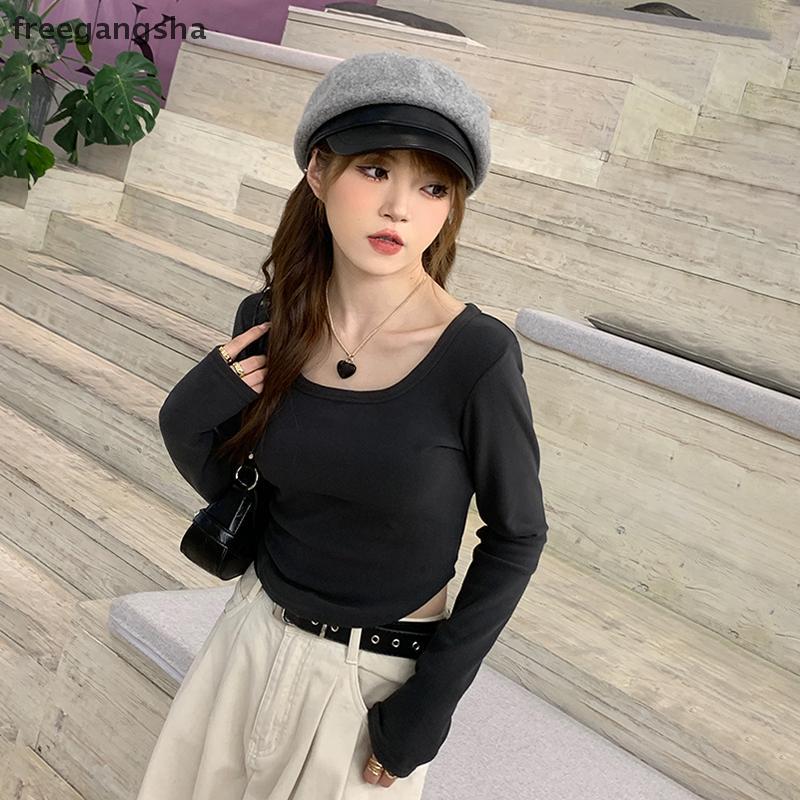 เสื้อยืดแขนยาวสำหรับผู้หญิง แบบคอเหลี่ยมไหล่ตรง ดีไซน์เรียบหรู FDH