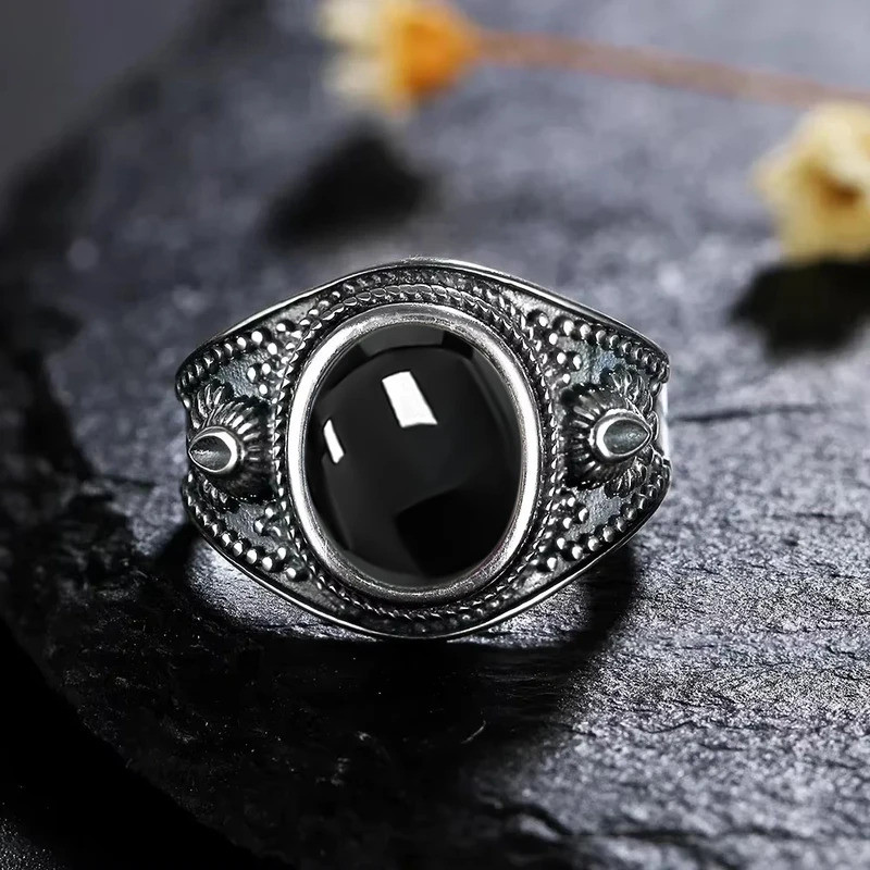 Sterling Silver 925 Vintage Rings Oval 8X10mm Rings Black Onyx Natural Fine Jewelry For Men Women Rh
