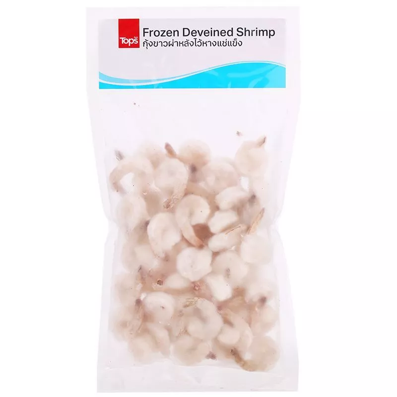 ท็อปส์กุ้งขาวผ่าหลังไว้หางแช่แข็ง 500กรัม Tops Frozen Deveined Shrimp 500g. [หมายเลขบาร์โค้ด 8853474065189 ]
