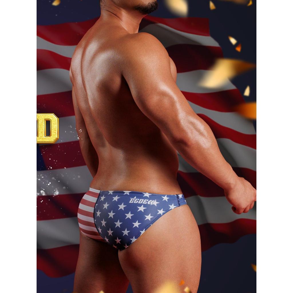 ⭐โลกคนมีสไตล์⭐Japan Japan EGDE American Flag กางเกงว่ายน้ําผู้ชายเอวต่ําพิเศษ (สไตล์บิกินี่เซ็กซี่) 