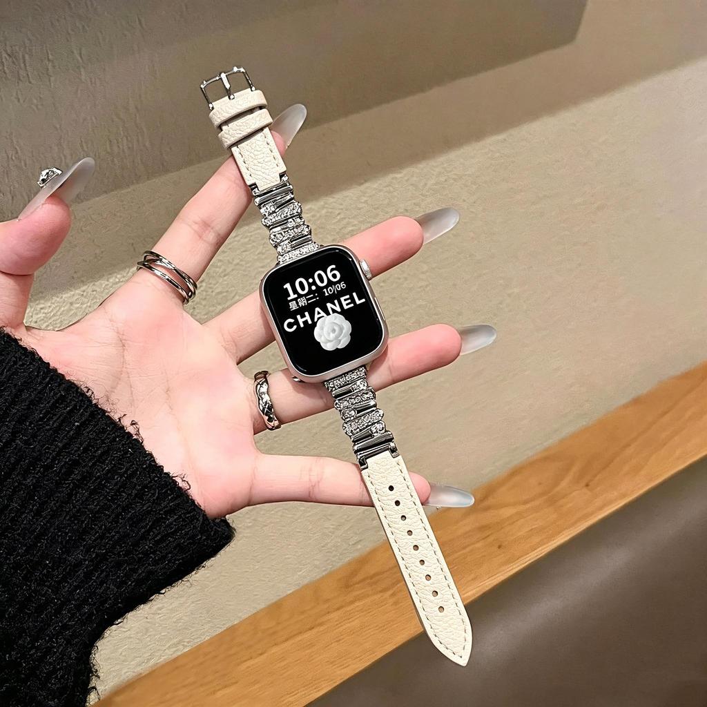 สายนาฬิกา สายหนังประดับด้วยเพชรสลับ เหมาะสหรับผู้หญิง สำหรับ AppleWatch Smart Watch มีหลายสี/ขนาด พร้อมส่งในไทย