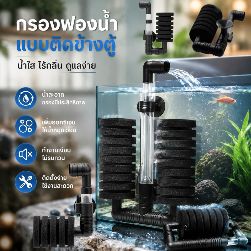 COD กรองฟองน้ำแบบติดข้างตู้  กรองฟองน้ำตู้ปลา ตัวกรองตู้ปลา กรองแขวน เพิ่มออกซิเจน อุปกรณ์​ตู้ปลา