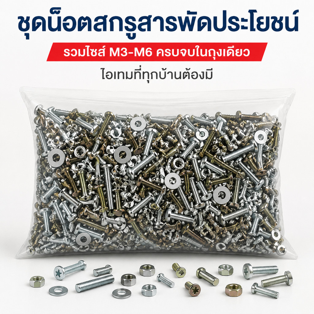 🔥พร้อมส่ง🔥 ชุดสกรูสแตนเลส 304 ชุดสกรูอเนกประสงค์ ขนาด M3 M4 M5 M6 สกรูยึด