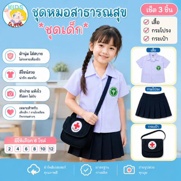 ชุดอาชีพเด็ก ชุดหมอเด็ก ชุดอาชีพในฝัน ชุดหมอสาธารณสุขหญิง ชุดหมอกาชาด ชุดหมอกระโปรง ชุดหมอเด็กหญิง JYD ชุดสาธารณสุขเด็ก