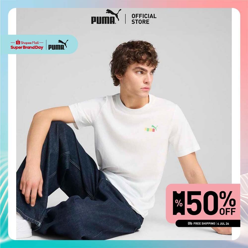 PUMA Basics เสื้อยืดลายกราฟิก PUMA Back สีขาว - 68483202