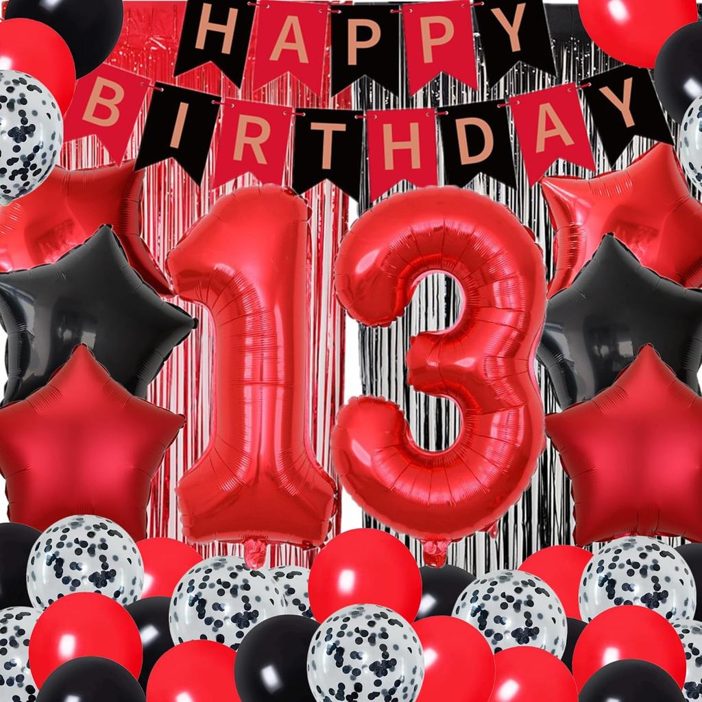 13th ตกแต่งงานเลี้ยงวันเกิดสําหรับชาย 13th Happy Birthday แบนเนอร์สีแดงและสีดําฟอยล์ Fringe ผ้าม่านฉ