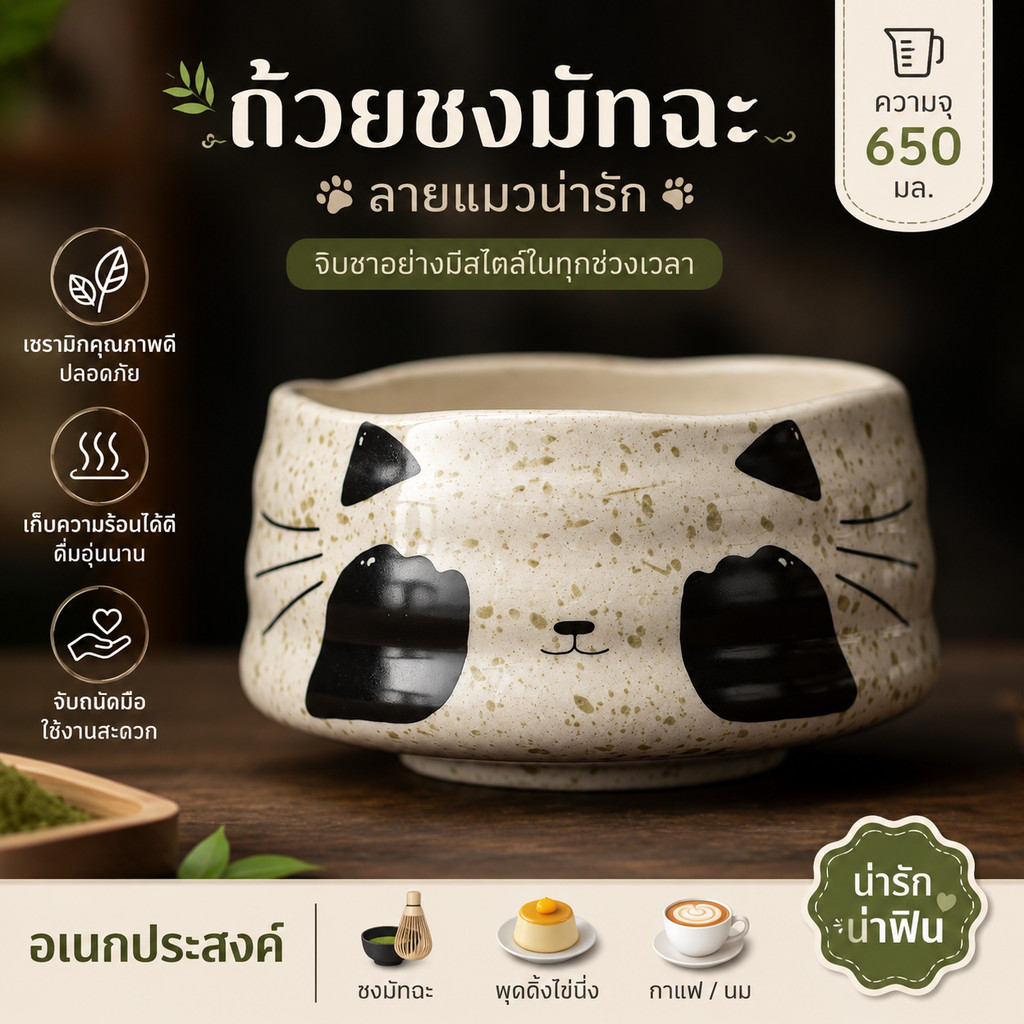 chawan  ถ้วยชงมัทฉะ  Matcha bowl 650ml ลายสุนัขกับแมวน่ารัก พุดดิ้งไข่นึ่ง ชามขนมหวานถ้วยกาแฟนม