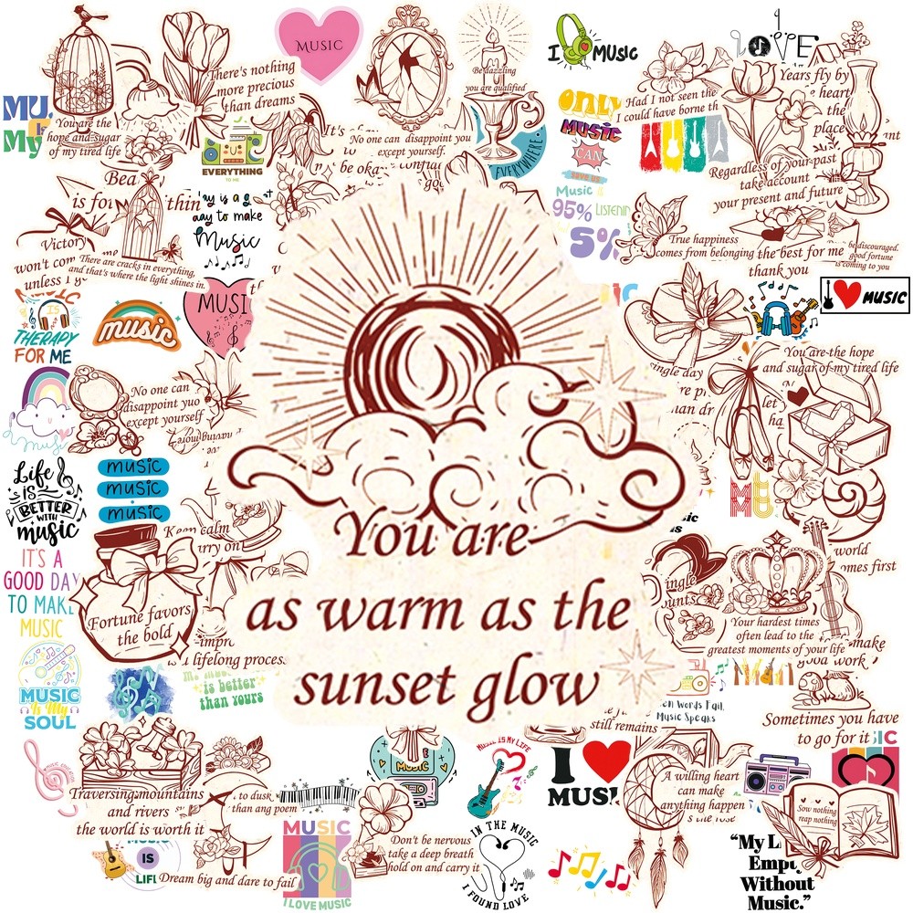 100 ชิ้น Sunset Glow Art พิมพ์คําคมสร้างแรงบันดาลใจและองค์ประกอบดนตรี, เหมาะสําหรับสติกเกอร์ตกแต่งบ้