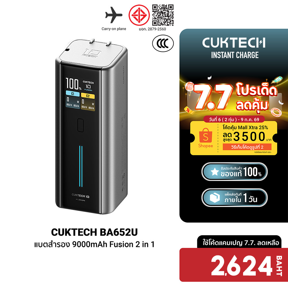 [ลดเหลือ 2624] CUKTECH BA652U Fusion 2 in 1 หัวชาร์จ 120W Max CCC พร้อมแบตสำรอง 9000mAh ในตัวเดียว ขาปลั๊กพับได้ -1Y