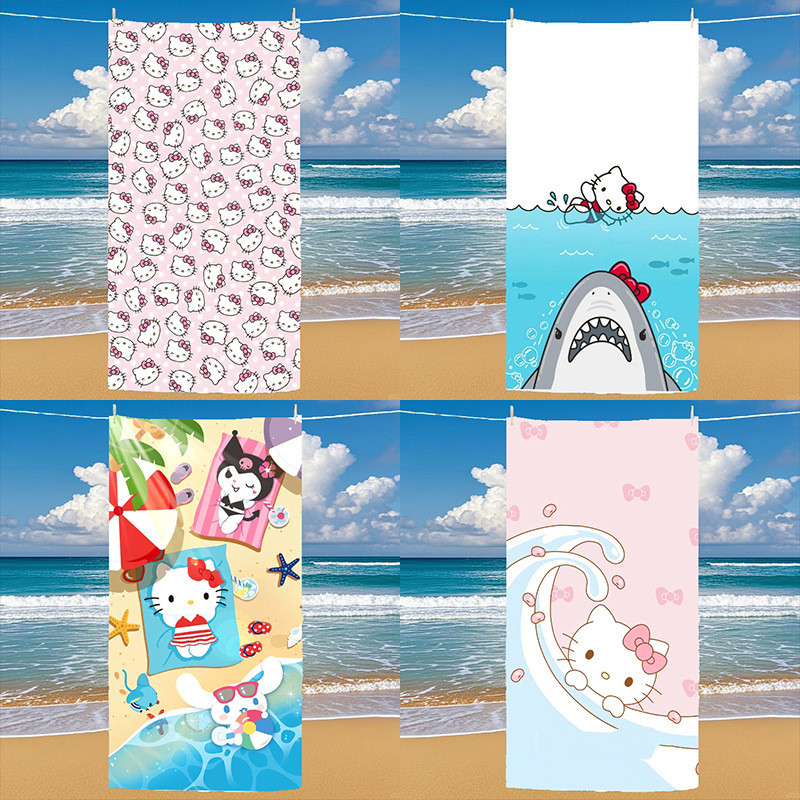 การ์ตูน HelloKitty รูปแบบไมโครไฟเบอร์ดิจิตอลพิมพ์ผ้าขนหนูชายหาดกีฬา Quick-Drying ผ้าเช็ดตัวผ้าเช็ดตัว