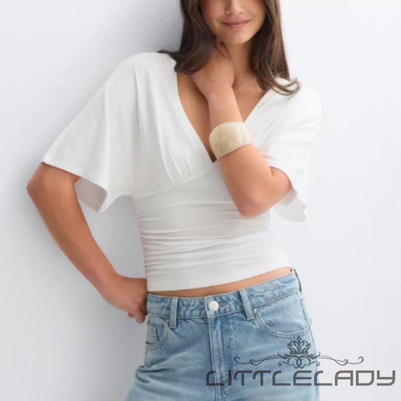LTL-เสื้อแขนสั้นผู้หญิง Ruched Slim Fit V คอ Cropped เสื้อยืดสําหรับทุกวัน