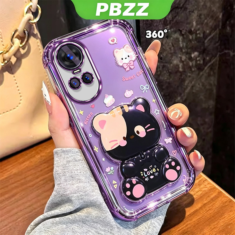 เคสสําหรับOppo Reno 10 pro Reno 10 5Gเคสโทรศัพท์ซิลิโคนกันกระแทกปกดีไซน์ใหม่ความงามพร้อมที่วางแมวน่ารักโปร่งใสสําหรับสาวสีม่วงSJMZJ4