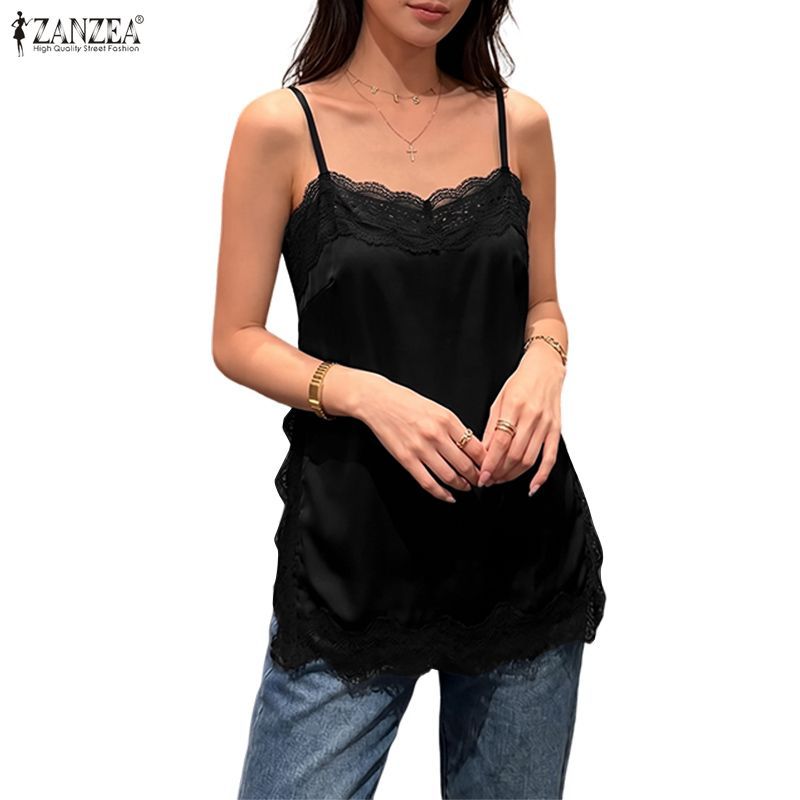 ZANZEA ผู้หญิงเกาหลีความพยายาม Chic V คอลูกไม้ Patchwork Side Slit แขนกุด Cami Tanks