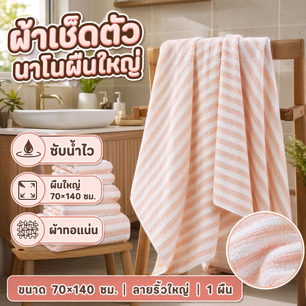 ผ้าขนหนู ผ้าเช็ดตัว ผืนใหญ่ ลายริ้วใหญ่ ผ้าฟลีซปะการัง ซึมซับได้ดีกว่าถึง 10 เท่า นุ่มสบาย หนานุ่มมาก ขนาด 70x140 ซม
