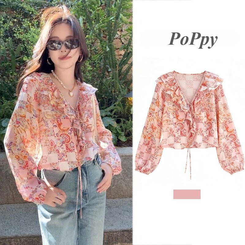 poppy เสื้อผู้หญิง แขนยาว คอวี ผูกโบว์ระบาย ผ้าชีฟอง น้ำหนักเบา เหมาะสำหรับฤดูร้อน พิมพ์ลายดอกไม้สีชมพู#99510