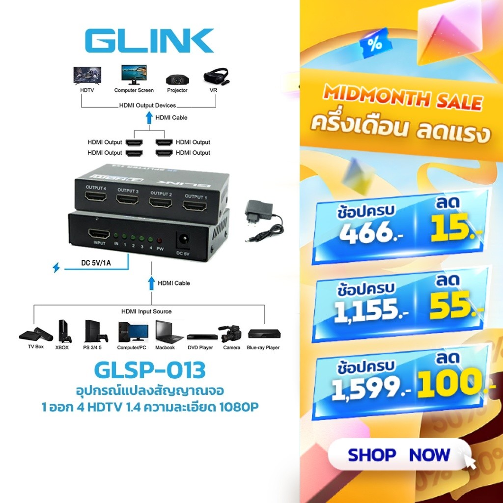 Glink GLSP-013 Splitter อุปกรณ์แปลงสัญญาณจอ 1 ออก 4 HDMI 1.4 1080P