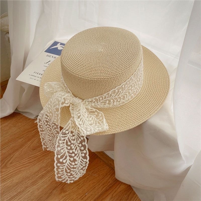 หมวกฟางสดญี่ปุ่น Pastoral All-Match Flat Top Lace Sun Hat Straw Travel Too#日系清新草帽田园百搭平顶蕾丝遮阳帽草编出游太