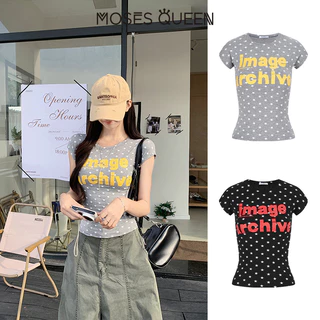 MOSESQUEEN เสื้อยืดแขนสั้นคอกลมพิมพ์ลายดาวตัวอักษรสําหรับผู้หญิง - เสื้อคอกลมพิมพ์ลายเข้ารูปฤดูร้อน #63747