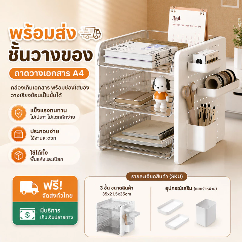 พร้อมส่ง ชั้นวางของ ถาดวางเอกสาร A4 กล่องเก็บเอกสาร พร้อมช่องใส่ของ วางเรียงซ้อนเป็นชั้นได้