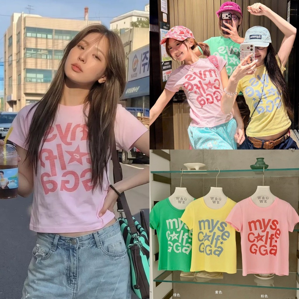 W10263 เสื้อยืดผู้หญิง Baby Tee เสื้อครอปแขนสั้น Graphic Tee แฟชั่นเกาหลี TAG WG.WE