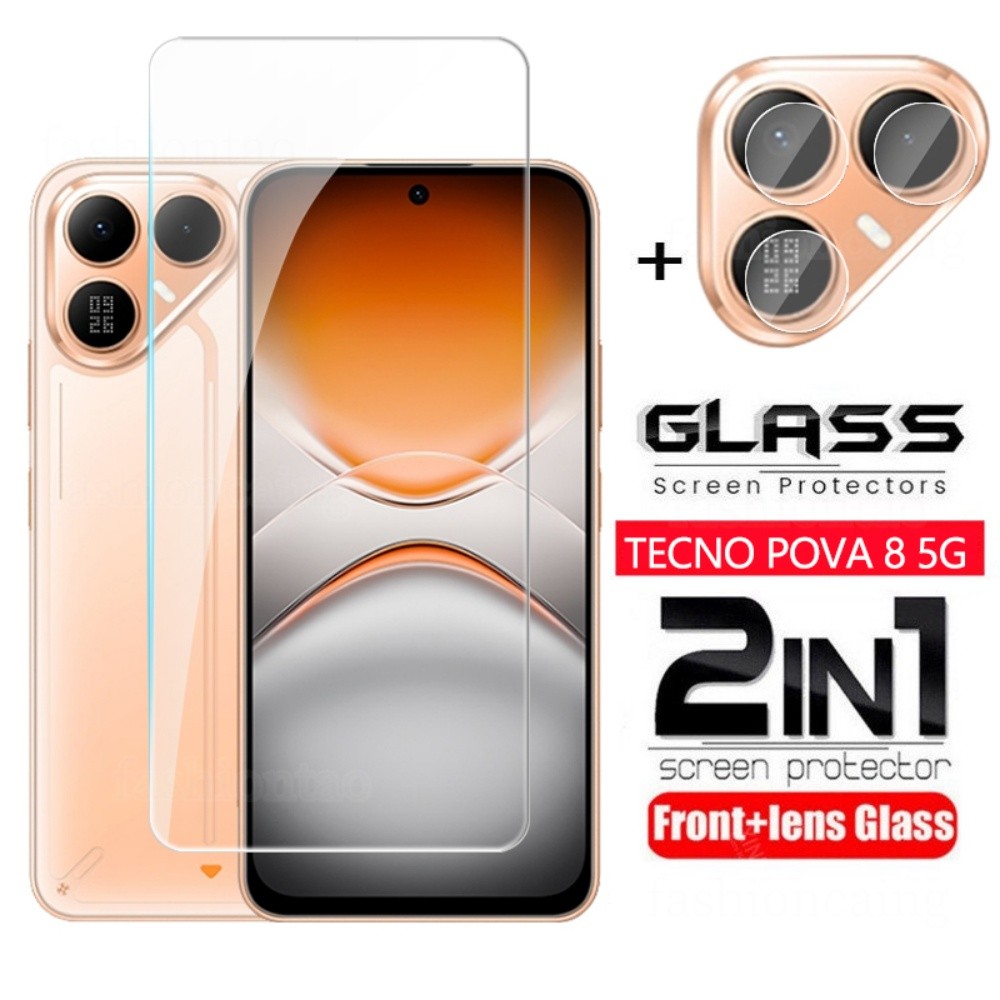 2 in 1 หน้าจอกระจกนิรภัย Protector ฝาครอบด้านหน้าฟิล์มสําหรับ Tecno 8 Pro 8Pro Pova8 Pro Pova8Pro TecnoPova8Pro 5G 2026 กลับกล้องเลนส์ป้องกันฟิล์ม