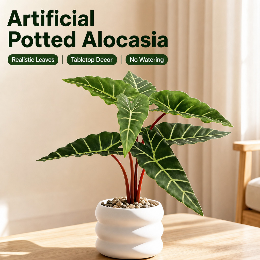 Faux Caladium Bicolor พืชในกระถางสีขาว,ปลอม Alocasia กระถางชุดสําหรับตกแต่งบ้าน Hyper พืชจริงประดิษฐ์สําหรับตกแต่งในร่มและกลางแจ้ง