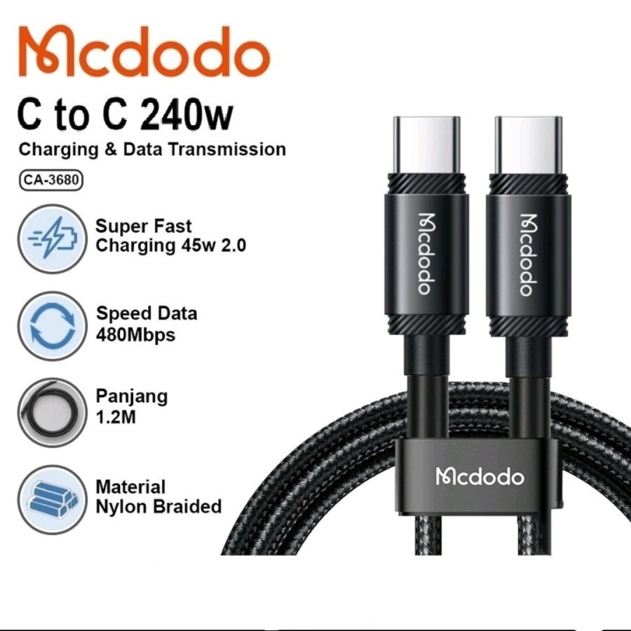 MCDODO CA-3680 240W Type-C ถึง Type-C สายเคเบิลข้อมูลแบบถักไนลอน