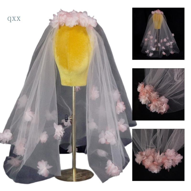 CH* งานแต่งงาน Tulle เจ้าสาว Layered Veil ดอกไม้สีชมพู Delicate Gorgeous เจ้าสาว Veil