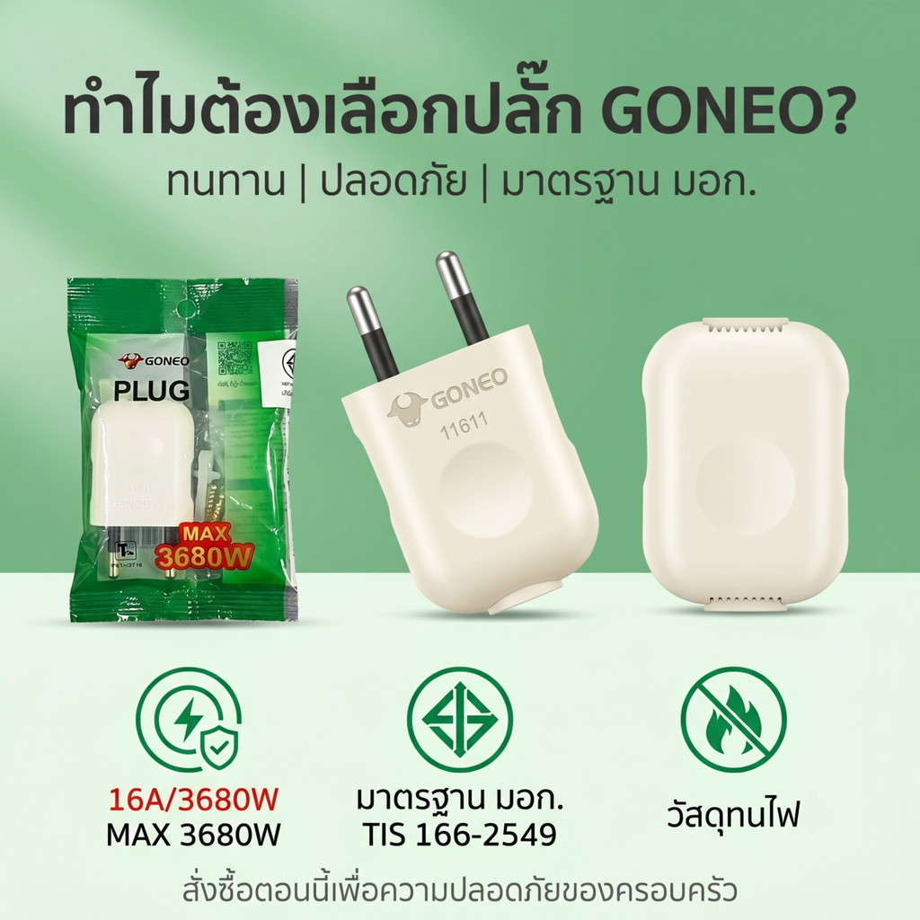 ปลั๊กเสียบไฟมาตรฐานมอก. รองรับกำลังสูง 3680 วัตต์ ป้องกันไฟช็อต ปลอดภัยใช้งาน