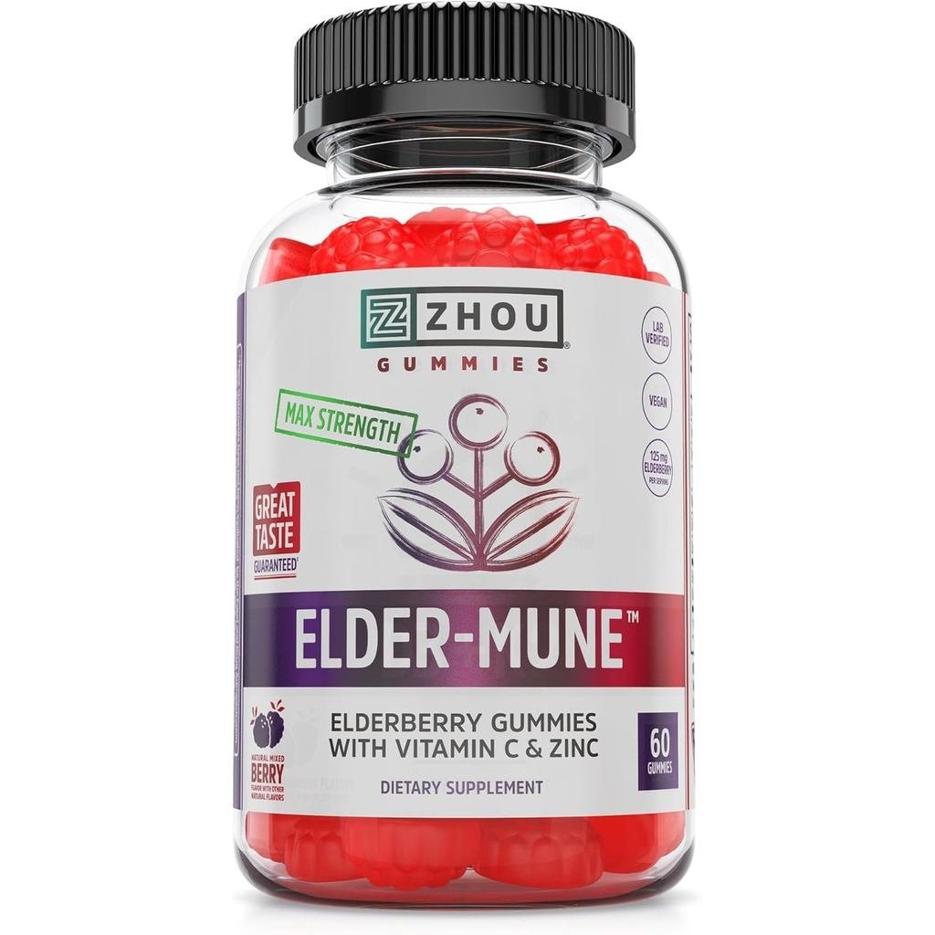Zhou ElderMune Elderberry พร้อมพอร์ต C และ Zinc Daily Immune สําหรับผู้หญิงและผู้ชาย Elderberry Chew