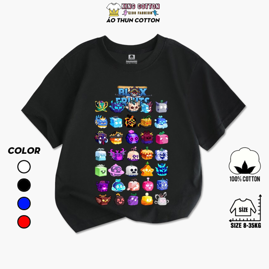 BLOX FRUITS NV เสื้อยืดผ้าฝ้ายเด็ก ผ้าคอตตอนแท้ 4 ทิศทาง ขนาดตั้งแต่ 8 กก. ถึง 35 กก. KING COTTON