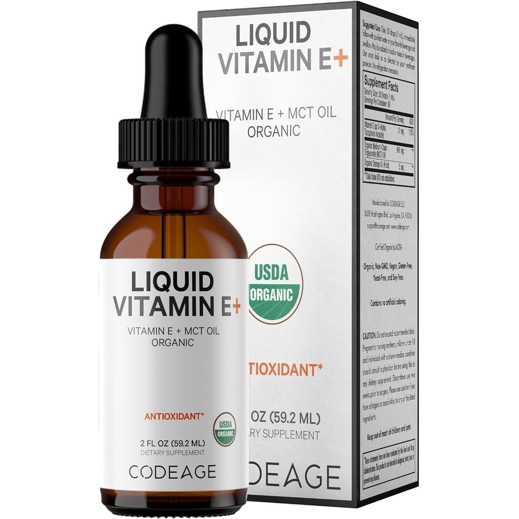 Codeage Liquid Vitamin E+ - USDA-Certified Organic Vitamin E - อุปทาน 2 เดือน - D-Alpha Tocopherol A