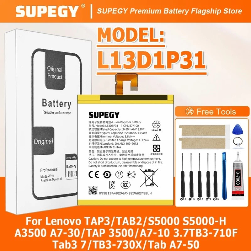 100% แบตเตอรี่ใหม่ L13D1P31 สําหรับ lenovo TAP3/TAB2/S5000 S5000-H A3500 A7-30/TAP 3500/A7-10/3.7 TB