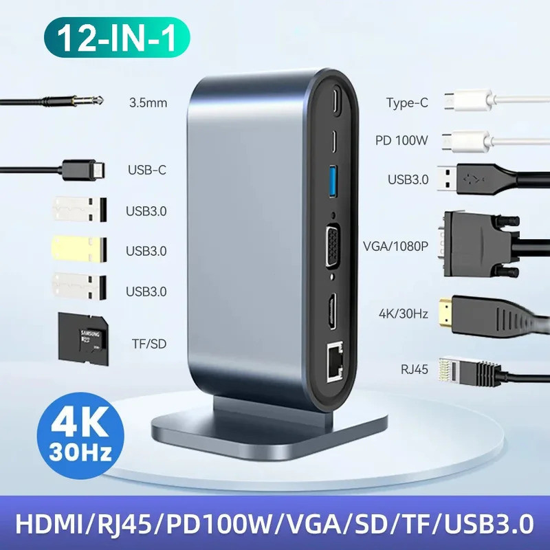 USB C Docking Station PD 100W USB C HUB ประเภท C ถึง HDMI-ใช้งานร่วมกับอะแดปเตอร์ 4K 30Hz VGA RJ45 USB 3.0 HUB USB Splitter สําหรับ MacBook