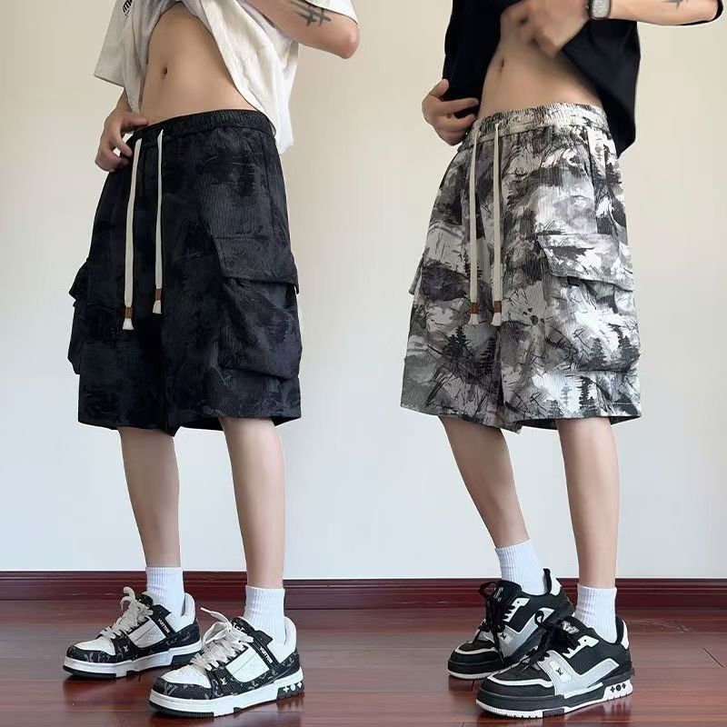 American Tie-Dye โดยรวมกางเกงขาสั้นผู้ชายฤดูร้อนออกแบบกางเกงบางหมึกลําลองหลวมกระเป๋ากว้างขากางเกงห้า