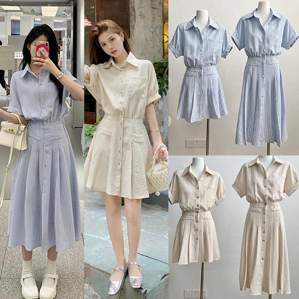 mimi&didi-เสื้อเดรสเชิ้ตแขนสั้นคอโปโลลายทางสีน้ำเงิน สำหรับผู้หญิง ไซส์ใหญ่ เหมาะสำหรับฤดูร้อน#99447/448