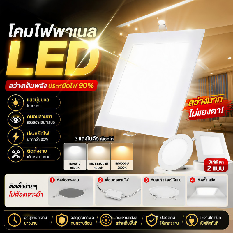 ไฟดาวน์ไลท์ ฝังฝ้า Led หลอดไฟ Led กลม ไฟ ไฟเพดาน 6w 12w 24w Panel Light LED ไฟติดเพดาน