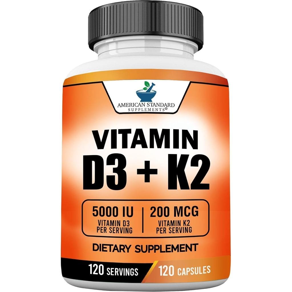 American Standard peoplements Vitamin D3 5000 IU (125mcg) Plus Vitamin K2 (MK7) 200mcg Per Capsule -