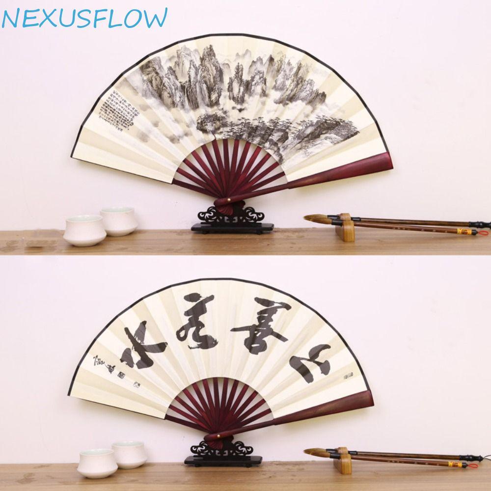 NEXUSFLOW พัดลมมือ, ด้ามไม้ไผ่ พัดลมพับสไตล์จีนย้อนยุคสไตล์จีน, ผ้าไหมตกแต่งผ้าเลเซอร์แกะสลักภาพวาดจีนแบบดั้งเดิมพัดลมไม้ไผ่งานแต่งงาน