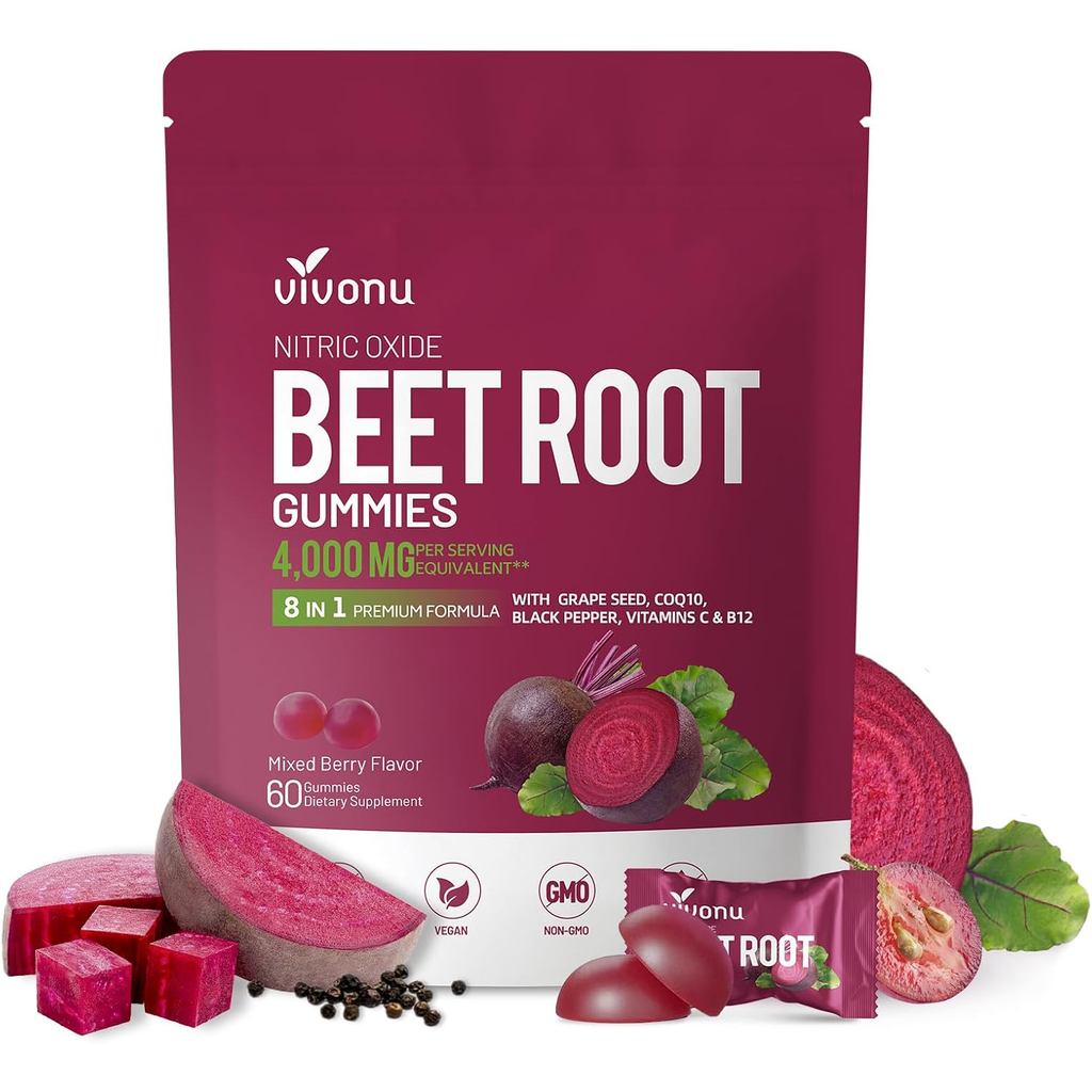 VivoNu Beet Root Gummies 8-in-1 อาหารเสริมพรีเมี่ยมพร้อม CoQ10, สารสกัดจากบีทรูท, สารสกัดจากเมล็ดองุ