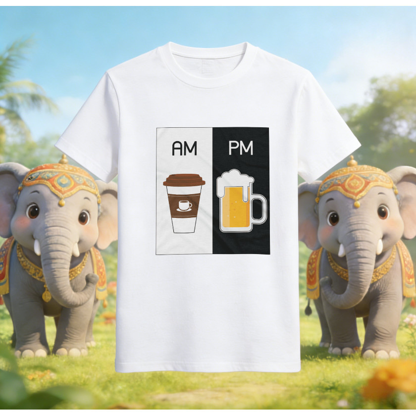 เสื้อยืดพิมพ์ลายตัวอักษร "AM PM" ลาย AM Coffee PM Beer Fun สีขาวหลวม แขนสั้นแฟชั่น