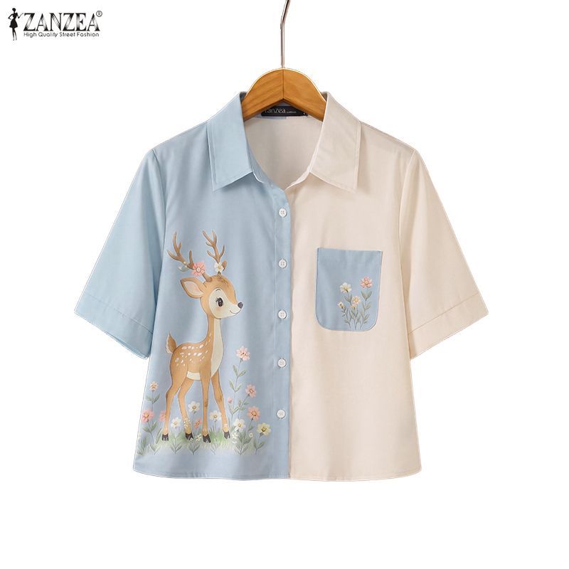 ZANZEA ผู้หญิงเกาหลีหวาน Pastoral Turn-Down-Collar แขนสั้นการ์ตูนกวางพิมพ์ Contrast สีเสื้อ