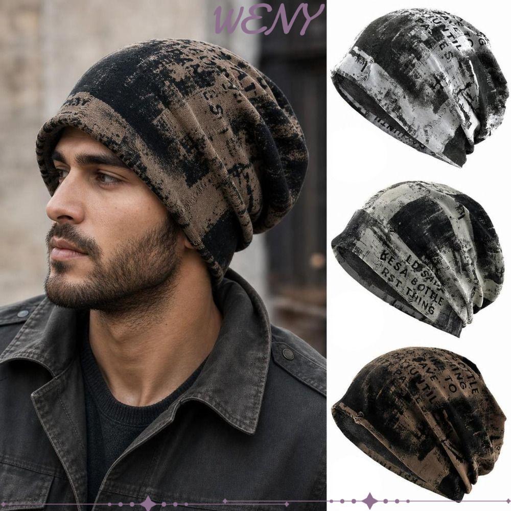 WENY Skull Cap Beanie, Hip Hop ยืด Slouchy Beanie หมวก, Retro Tie-dye Punk Graffiti Streetwear หมวกสําหรับชายผู้หญิง