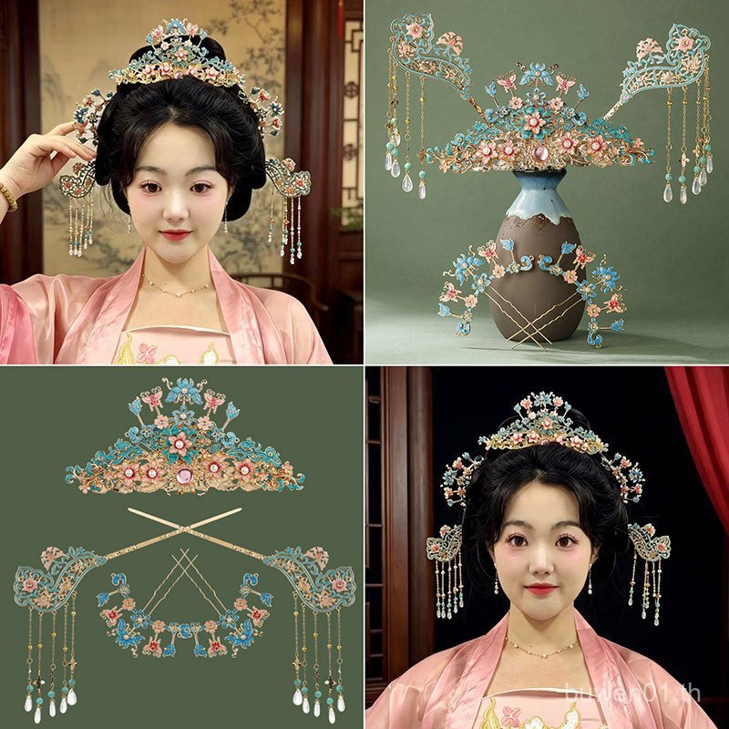โบราณ Hanfu Ming Made ผมมงกุฎ Hairpin ชุด Retro Palace Phoenix Crown Top Hairpin หัวมงกุฎพู่อุปกรณ์เสริมผมเครื่องแต่งกาย UH4V